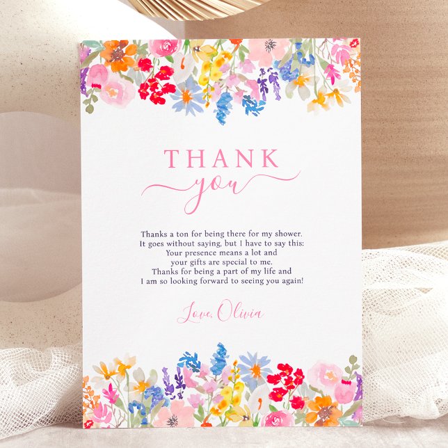 Tarjeta De Agradecimiento Jardín moderno de flores silvestres para una boda  (Modern garden wildflowers script bridal shower thank you card)