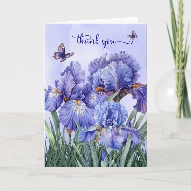Tarjeta De Agradecimiento Jardín Purple Iris y mariposas (Anverso)