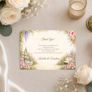 Tarjeta De Agradecimiento Jardín Romántico Fuente Elegancia Boda