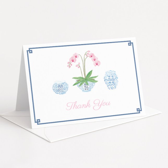 Tarjeta De Agradecimiento Jarras de jengibre de orquídea rosa elegante para  (Smart navy and pink chinoiserie bridal shower thank you card design with watercolor pink orchid)