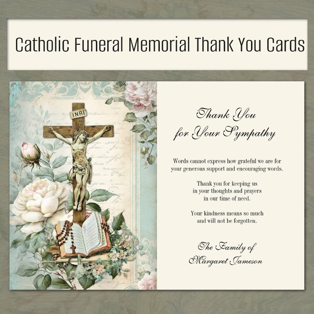 Tarjeta De Agradecimiento Jesús Rosas Católicos Funerales Cruzan Condolencia (Traditional Catholic Funeral Memorial Prayer Cards)