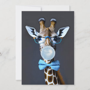 Tarjeta De Agradecimiento Jirafa con gafas, pajarita soplando chicle azul