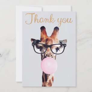 Tarjeta De Agradecimiento Jirafa con gafas soplando chicle rosa