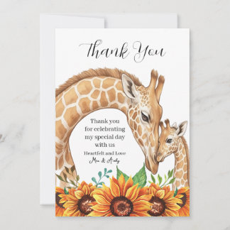 Tarjeta De Agradecimiento Jirafa Madre y Bebé con Girasoles