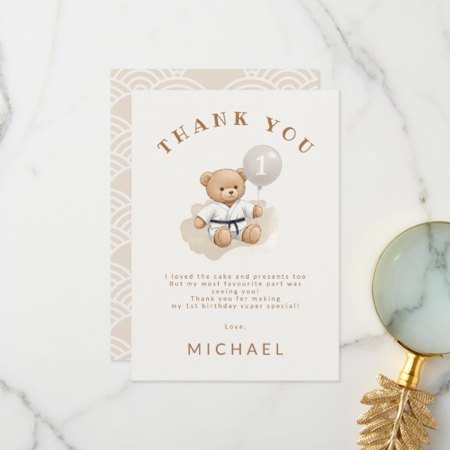 Tarjeta De Agradecimiento Judo Bear Turns One" – 1st Birthday 【Black-belt】 (Anverso/Reverso In Situ)