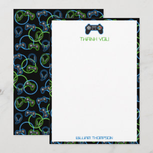 Tarjeta De Agradecimiento Juego de Video Patrón de Monograma Neon Azul y Ver