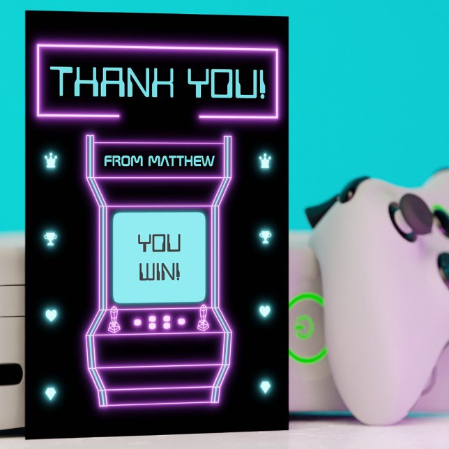 Tarjeta De Agradecimiento Juego de Video Retro Arcade Rosa y Azul (Pink and Blue Retro Arcade Video Game Thank You Card)