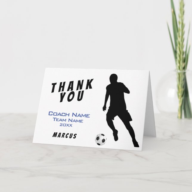 Tarjeta De Agradecimiento Jugador de fútbol azul gracias entrenador (Anverso)