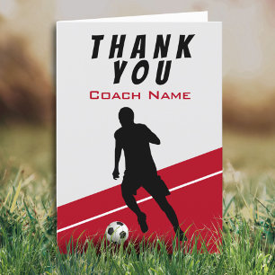 Tarjeta De Agradecimiento Jugador de Fútbol Rojo Gracias Entrenador 