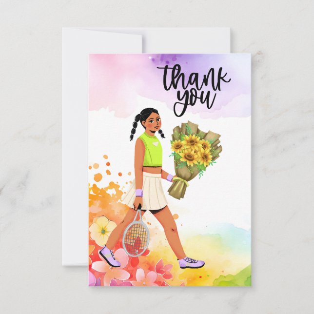 Tarjeta De Agradecimiento Jugadora de tenis con flores (Anverso)