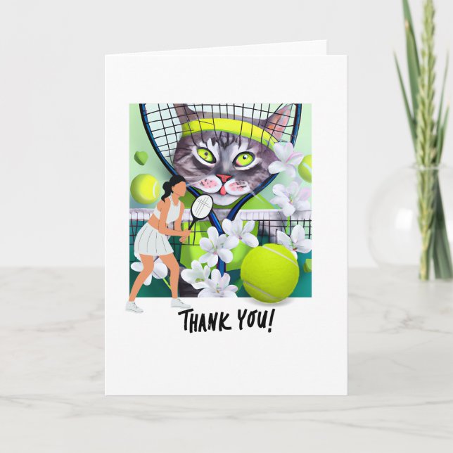 Tarjeta De Agradecimiento Jugadora de tenis sostiene raqueta y bola (Anverso)