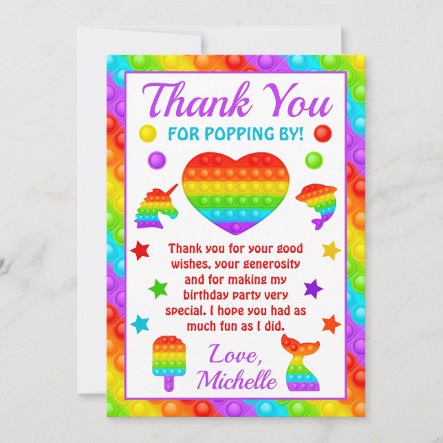 Tarjeta De Agradecimiento Juguete interactivo Arcoiris Pop cumpleaños (Anverso)