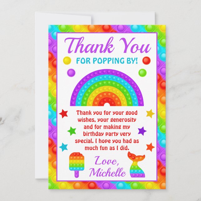 Tarjeta De Agradecimiento Juguete interactivo Pop It Arcoíris para cumpleaño (Anverso)