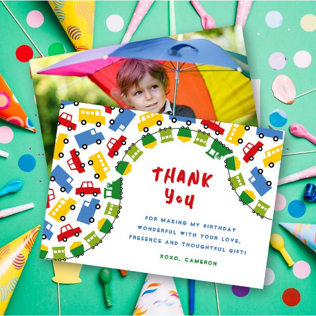 Tarjeta De Agradecimiento Juguetes de niños Diversión Transporte Coche Tren  (Boys Toys Colorful Transport Car Train Bus Truck Kid's Birthday Party Photo Thank You Card)