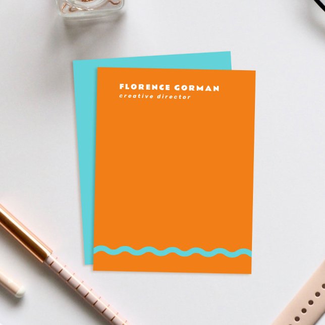 Tarjeta De Agradecimiento Juicy Naranja y marco ondulado turquesa personal (bright juicy orange personal stationery note cards with turquoise blue backer and wavy line detail)