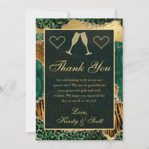 Tarjeta De Agradecimiento Jungla Safari Verde Oro Glitter Ágata Boda