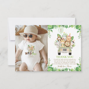 Tarjeta De Agradecimiento Jungle Animales Safari Car Greenery 1er cumpleaños