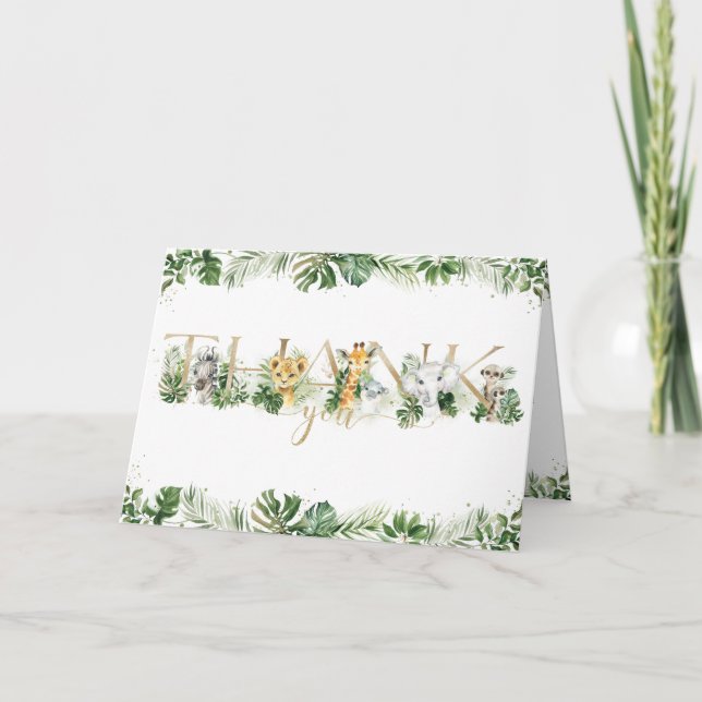 Tarjeta De Agradecimiento Jungle Animals Greenery Primer cumpleaños Baby Sho (Anverso)