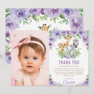 Tarjeta De Agradecimiento Jungle Animals Purple Floral 1er cumpleaños Foto