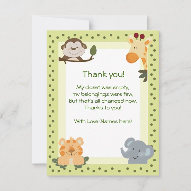 Tarjeta De Agradecimiento Jungle Safari Animals Baby Shower (Anverso)