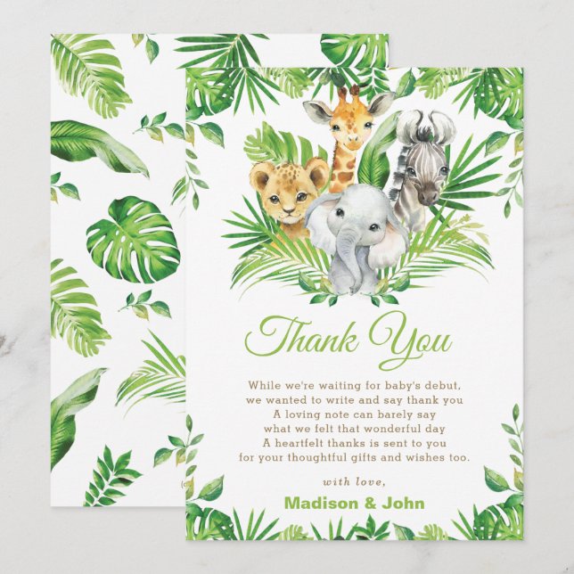 Tarjeta De Agradecimiento Jungle Safari Animals Greenery Neutral Baby Shower (Anverso / Reverso)