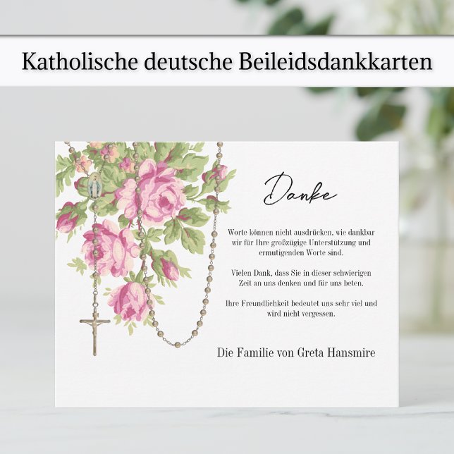 Tarjeta De Agradecimiento Katholische Rosen Rosenkranz Beileids- und Anteiln (German Funeral Memorial Thank You cards with pink roses and holy rosary)