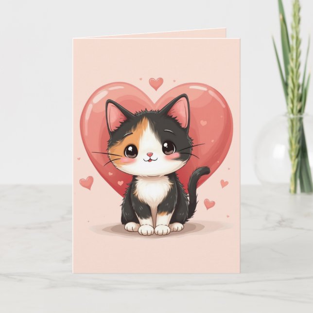 Tarjeta De Agradecimiento Kawaii Calico Cat Heart Valentine Design (Anverso)