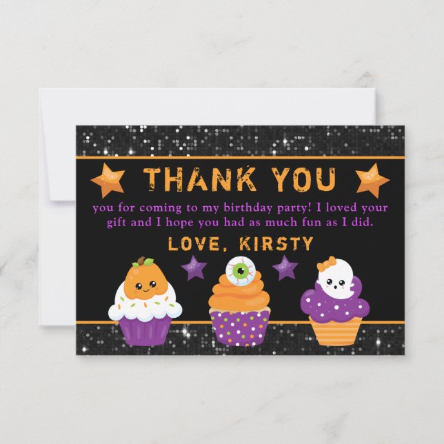 Tarjeta De Agradecimiento Kawaii Halloween Cupcakes Cumpleaños (Anverso)