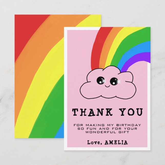 Tarjeta De Agradecimiento Kawaii Nube Rainbow Girly niños rosados Cumpleaños (Anverso / Reverso)