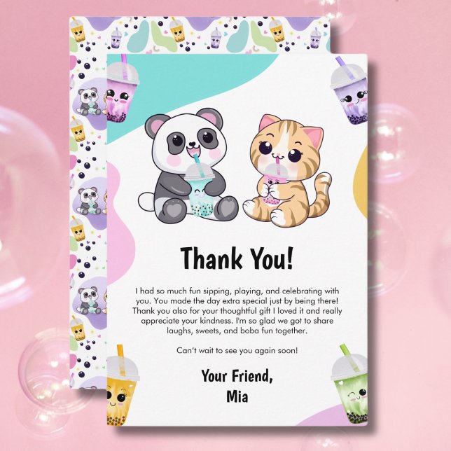 Tarjeta De Agradecimiento Kawaii Panda y Tiger Bubble Tea Kids Cumpleaños (Subido por el creador)