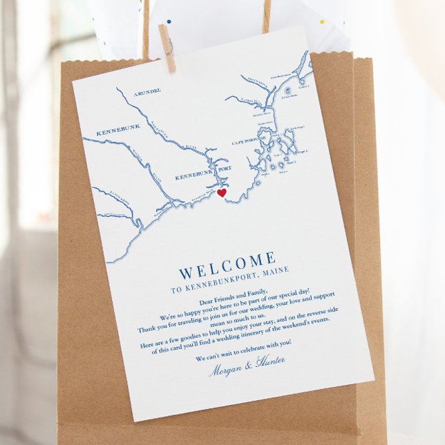 Tarjeta De Agradecimiento Kennebunkport Maine Boda Bienvenida Itinerary (These Kennebunkport Maine welcome letters have a wedding itinerary on the back)