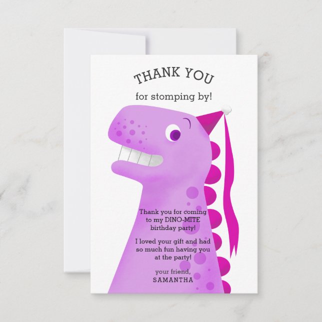 Tarjeta De Agradecimiento Kids Dinosaur Birday Party Pink (Anverso)