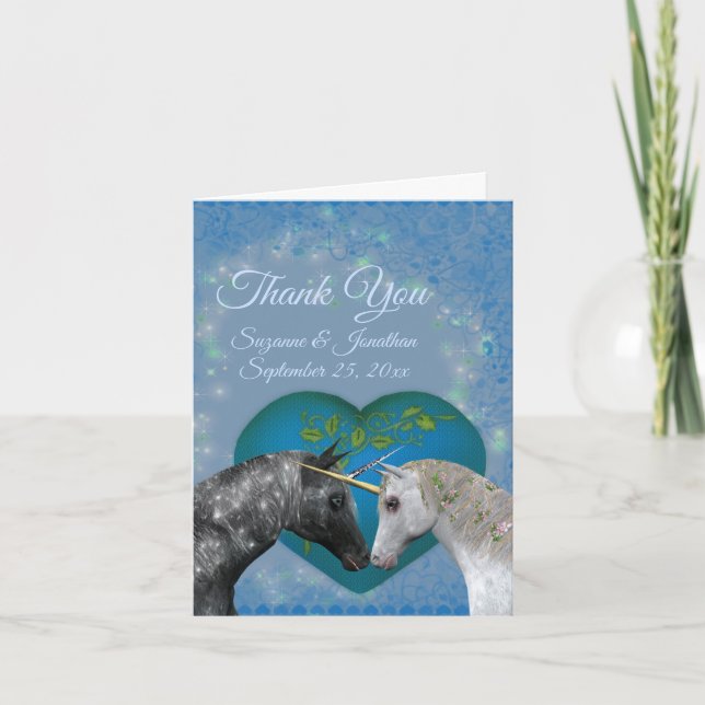 Tarjeta De Agradecimiento Kissing Unicorns Heart Boda (Anverso)