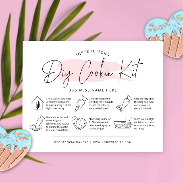 Tarjeta De Agradecimiento Kit de decoración de cookies Instrucciones de acua (Cookie decorating kit care cards with blush pink watercolor background and care icons)