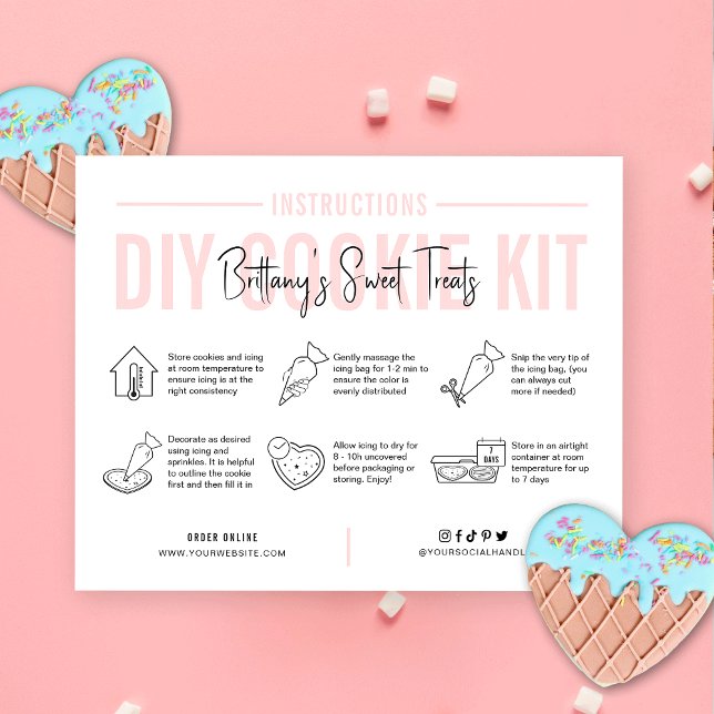 Tarjeta De Agradecimiento Kit de decoración de cookies Instrucciones Logotip (Feminine cookie decorating instructions cards with icons, blush pink colors and space for your logo)
