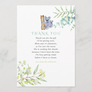 Tarjeta De Agradecimiento Koala Bear Hojas de Eucalipto Baby Shower Agradeci