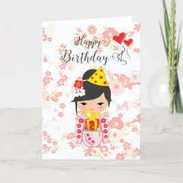 Tarjeta De Agradecimiento Kokeshi Doll Pink Happy Birday Card