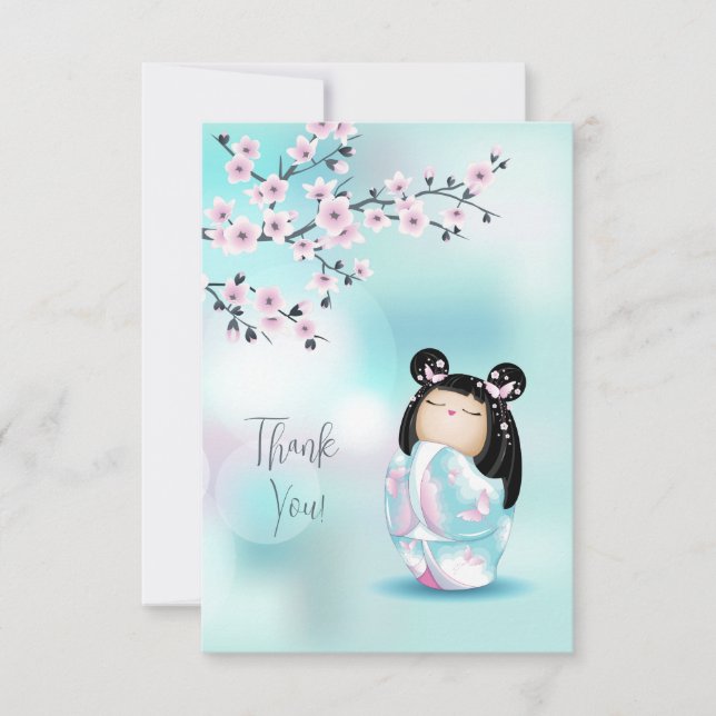 Tarjeta De Agradecimiento Kokeshi Doll Turquesa Rosa Gracias (Anverso)