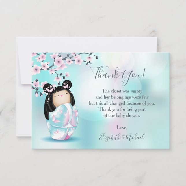 Tarjeta De Agradecimiento Kokeshi Doll Turquoise Chica Baby Shower (Anverso)
