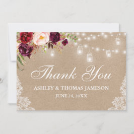 Tarjeta De Agradecimiento Kraft Rústico Boda Floral Jar Luces Lace