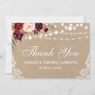 Tarjeta De Agradecimiento Kraft Rústico Boda Luces Florales Lace