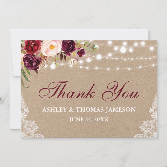 Tarjeta De Agradecimiento Kraft Rústico Boda Luces Florales Lace Gracias B (Anverso)