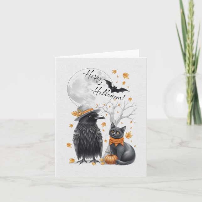 Tarjeta De Agradecimiento Krähe und Katze Herbst Halloween Crow Grußkarte (Anverso)