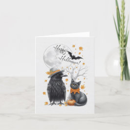 Tarjeta De Agradecimiento Krähe und Katze Herbst Halloween Crow Grußkarte