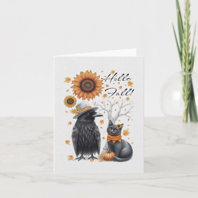 Tarjeta De Agradecimiento Krähe und Katze Herbst Thanksgiving Crow (Anverso)