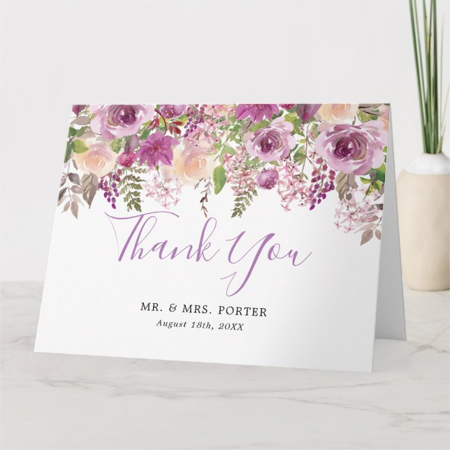 Tarjeta De Agradecimiento La boda floral de la acuarela púrpura le agradece (Anverso)
