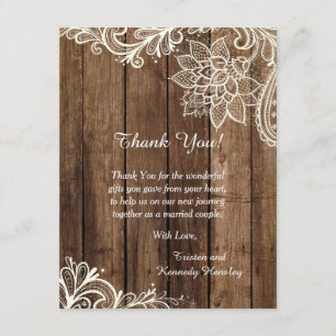 Tarjeta De Agradecimiento La boda plana de madera rústica del cordón 4x5 le