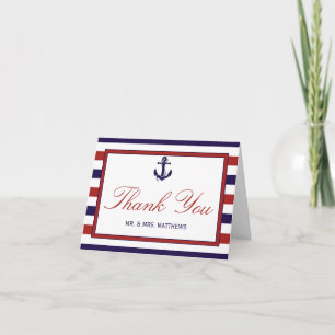 Tarjeta De Agradecimiento La Colección de Boda Ancla Náutica Roja y Marina
