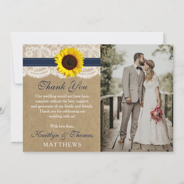 Tarjeta De Agradecimiento La colección de Bodas de girasol Kraft rústico (Anverso)