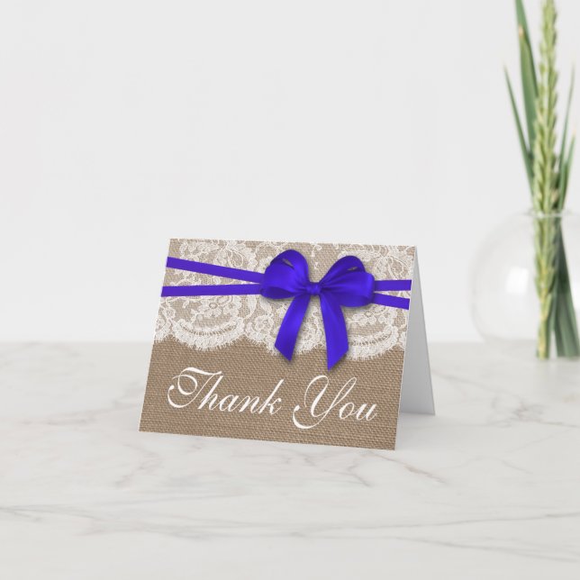 Tarjeta De Agradecimiento La colección de Bodas Rustic Blue Bow (Anverso)